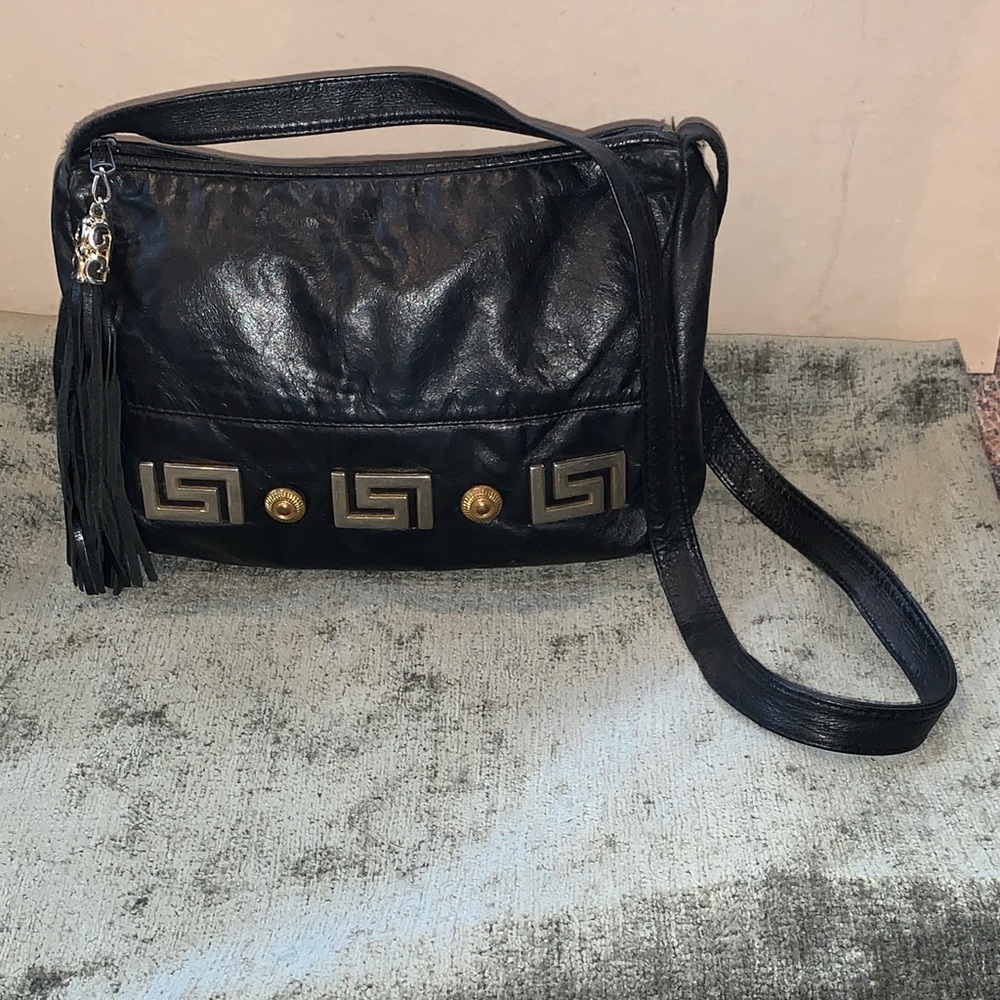 Vintage Dove Black Crossbody Bag with Tassel and gold embellishment